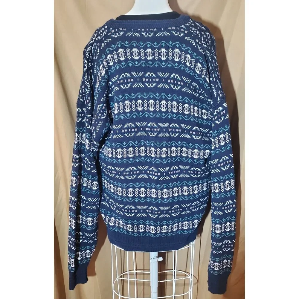 Vintage Jantzen XL V-neck Grandpa Sweater Blue‎ Green Geometric Print Y2k